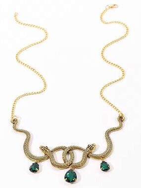 Anthropologie Gold Snake-Link Necklace with Emerald Drops